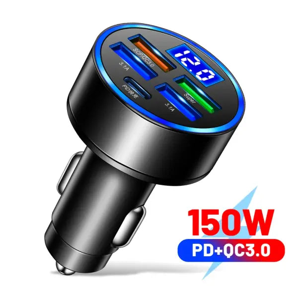 Fast Charging 5 Port Car Charger ABS with Voltage Display - Yellow