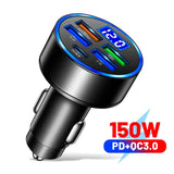 Fast Charging 5 Port Car Charger ABS with Voltage Display - Yellow