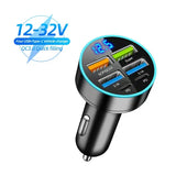 Fast Charging 5 Port Car Charger ABS with Voltage Display - 66W