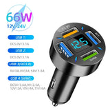 Fast Charging 5 Port Car Charger ABS with Voltage Display - 66W 4Ports