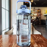 2L Water Bottle Portable Straw with Time Marker for Fitness - Blue