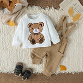 2PCS Baby Boys Autumn Outfit – Cute Long Sleeve Top with Bear & Button Jumpsuit Playsuit Set - ZT6196-duose / 2-3Y