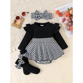 PCS Baby Girls Autumn Outfit – Cute Black Top Houndstooth Skirt & Hairband Set (0–1 Years) - black / 6-9M