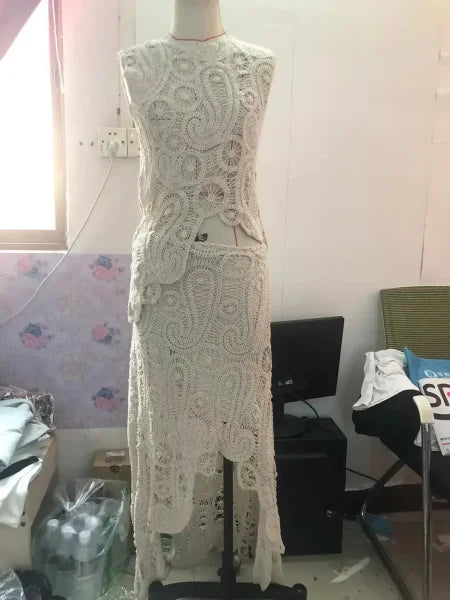 2pcs Women’s Lace Skirt Suit – V-Neck Ruffle Top & Flare Skirt - Himpall