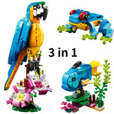 3 in 1 Parrot Building Toy Set Transforms to 3 Different Animal Figures - from Colorful Parrot to Swimming Fish to Cute