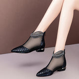 Soft Leather Flat Heel Net Boots Women''s Hollow Flat Bottom Sandals