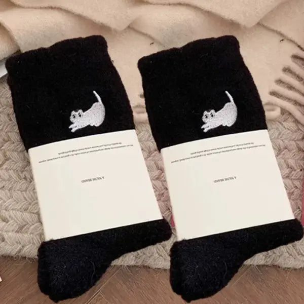 Pairs Cute Cat Fluffy Mink Velvet Socks Warm Plush Autumn Winter - Black(2pairs)