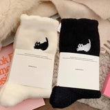 Pairs Cute Cat Fluffy Mink Velvet Socks Warm Plush Autumn Winter - White Black(2pairs)