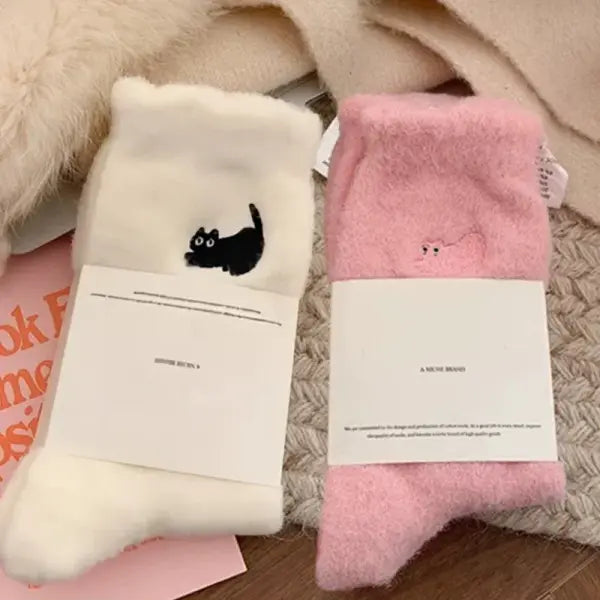 Pairs Cute Cat Fluffy Mink Velvet Socks Warm Plush Autumn Winter - White Pink(2pairs)