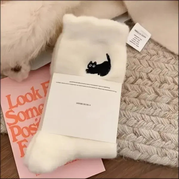 Pairs Cute Cat Fluffy Mink Velvet Socks Warm Plush Autumn Winter - White(1pair)