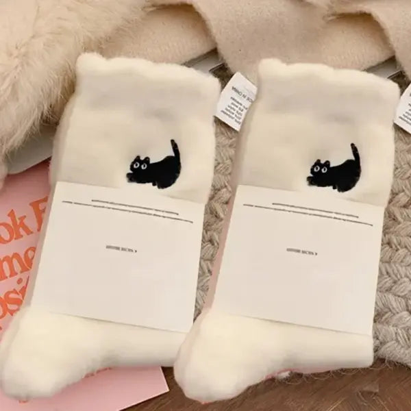 Pairs Cute Cat Fluffy Mink Velvet Socks Warm Plush Autumn Winter - White(2pairs)