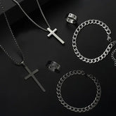 3PCS Men’s Jewelry Set – Stainless Steel Cross Pendant Necklace Bracelet & Ring Hip Hop Daily Wear