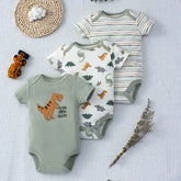 3PCS Baby Boys Summer Bodysuit Set – Cartoon Dinosaur & Stripe Pattern Button Design 0–9 Months