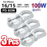 3PCS USB C Cable to USB C 100W Fast Charging Charger Cable Supports Fast Charging For iPhone 16 15 Samsung Xiaomi