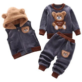 3PCS Toddler Winter Outfit – Baby Sweater Pants & Hooded Vest Set for Boys & Girls Warm Autumn Clothing - Gray / 90