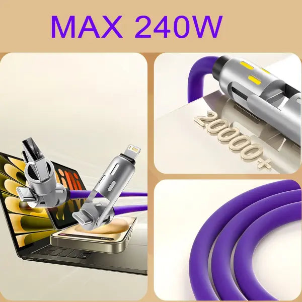 4-in-1 240w USB Cable PD Fast 1M LED Cord for iPhone and Samsung