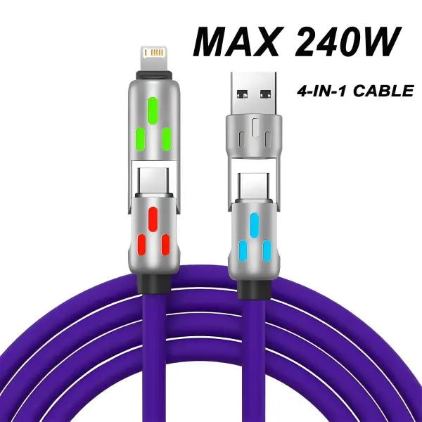 4-in-1 240w USB Cable PD Fast 1M LED Cord for iPhone and Samsung - Purple 1M