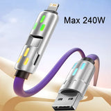 4-in-1 240w USB Cable PD Fast 1M LED Cord for iPhone and Samsung