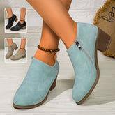 Chunky Heel Round Toe Ankle Boots in Soft Synthetic Material