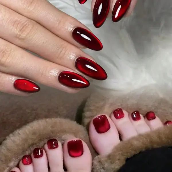 48pcs French Black Border Foot Armour Glossy Fake Toenails Set - Red