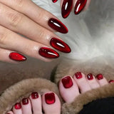 48pcs French Black Border Foot Armour Glossy Fake Toenails Set - Red