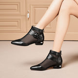 Soft Leather Flat Heel Net Boots Women''s Hollow Flat Bottom Sandals