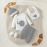 4PCS Baby Boys All-Season Outfit – Cartoon Elephant Pantsuit with Hat Gloves & Bib Streetwear Fashion - ZT1273-duose