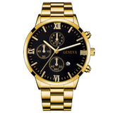 Complete calendar gold alloy mens quartz watch and jewelry set