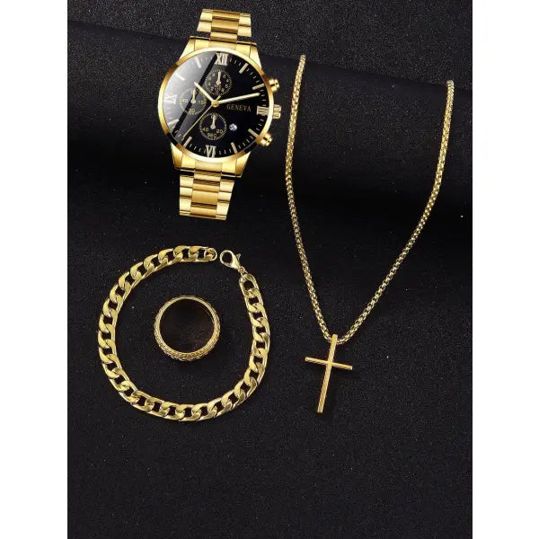 Complete calendar gold alloy mens quartz watch and jewelry set - Gold