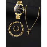 Complete calendar gold alloy mens quartz watch and jewelry set - Gold