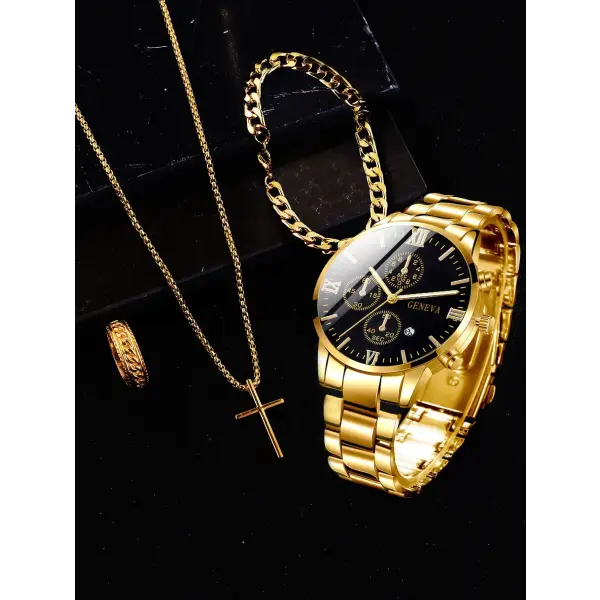 Complete calendar gold alloy mens quartz watch and jewelry set