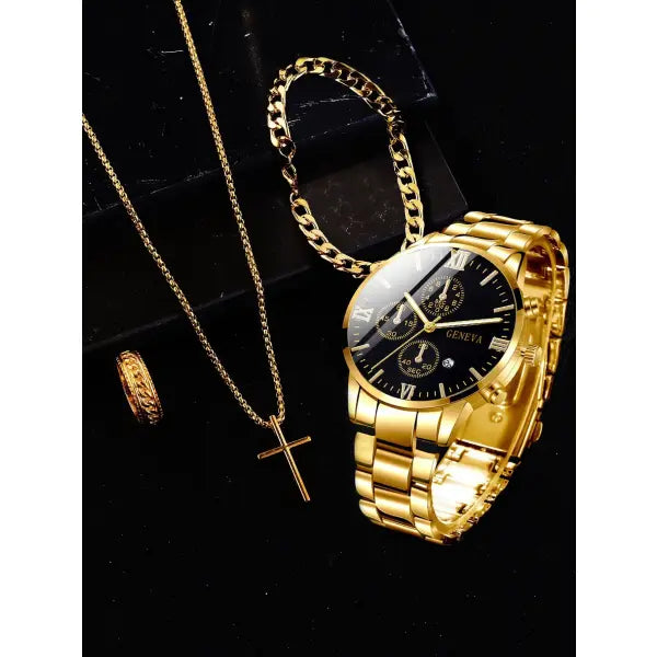 Complete calendar gold alloy mens quartz watch and jewelry set
