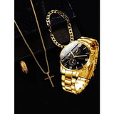 Complete calendar gold alloy mens quartz watch and jewelry set
