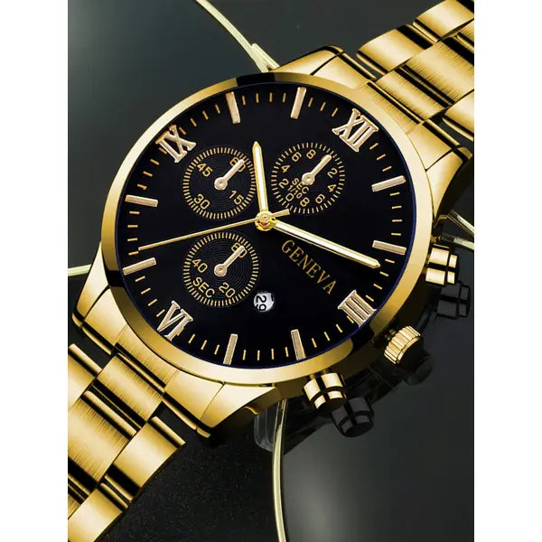Complete calendar gold alloy mens quartz watch and jewelry set