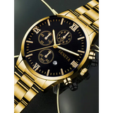 Complete calendar gold alloy mens quartz watch and jewelry set