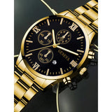 Complete calendar gold alloy mens quartz watch and jewelry set