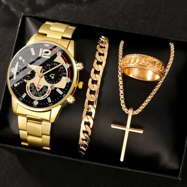 Complete calendar gold alloy mens quartz watch and jewelry set