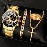 Complete calendar gold alloy mens quartz watch and jewelry set