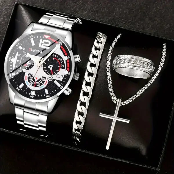 Complete calendar gold alloy mens quartz watch and jewelry set - silver