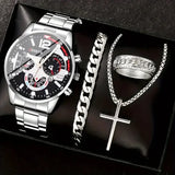 Complete calendar gold alloy mens quartz watch and jewelry set - silver