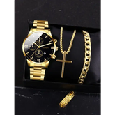 Complete calendar gold alloy mens quartz watch and jewelry set