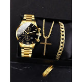 Complete calendar gold alloy mens quartz watch and jewelry set