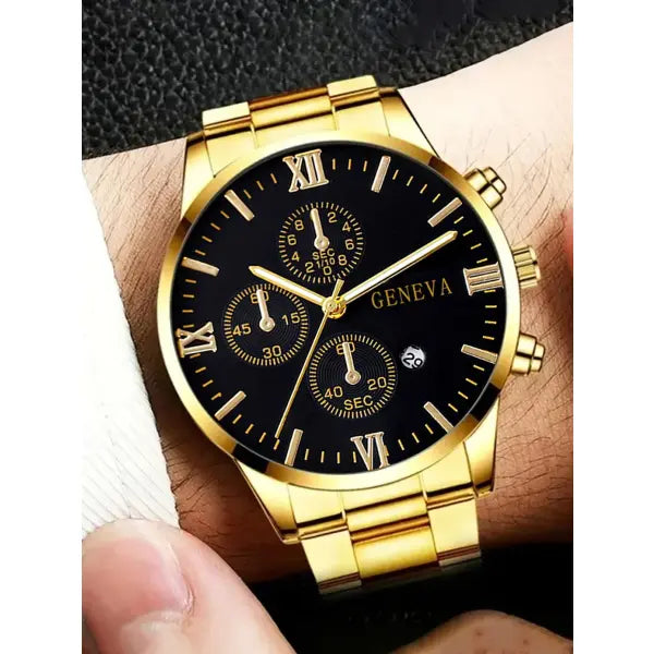 Complete calendar gold alloy mens quartz watch and jewelry set