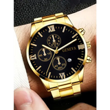 Complete calendar gold alloy mens quartz watch and jewelry set