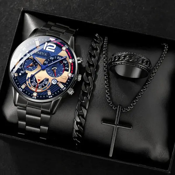 Complete calendar gold alloy mens quartz watch and jewelry set - black