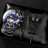 Complete calendar gold alloy mens quartz watch and jewelry set - black