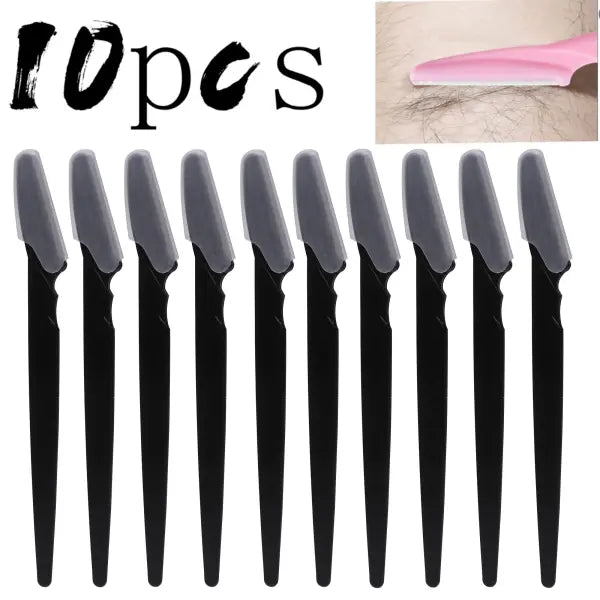 Stainless Steel Eyebrow and Face Razor Set for Versatile Hair Removal - 10pcs Black