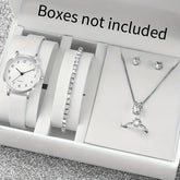 Quartz Watch Diamond Jewelry Leather Band Fashion Accessory Set