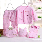 5pcs Newborn Baby Clothing Set – Pure Cotton Breathable Cartoon Top Pants Hat & Bibs (0–3 Months)
