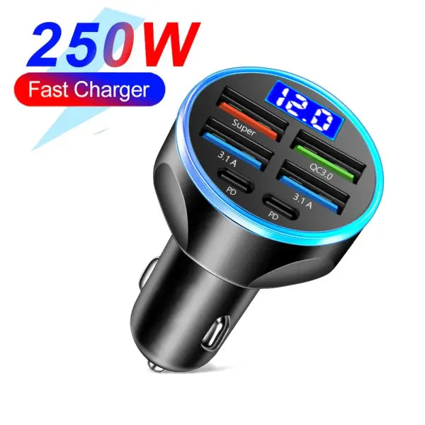 Velev Fast Charge 6-Port Car Charger with Digital Display for Travel - 6 Port Volt display